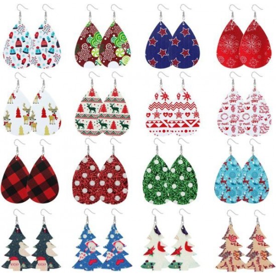 16 Pair Teardrop Leather Earrings Christmas Tree Earring For Women Petal Dangle Drop Earring Lightweight